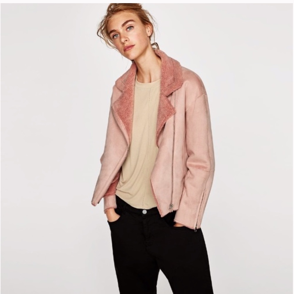 ZARA Cropped Jacket Suede Effect Faux Sherpa- Pink